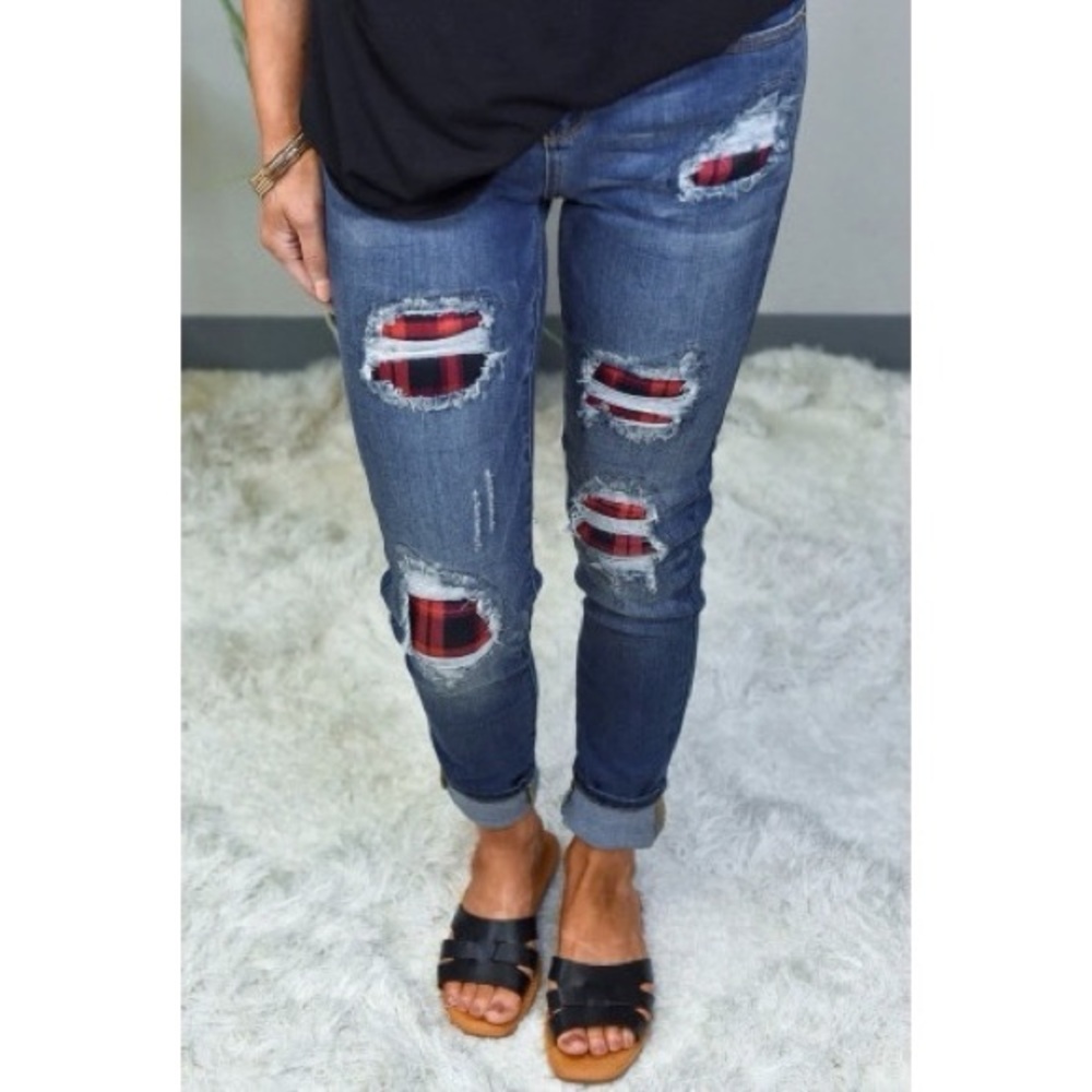 Red Buffalo Plaid Distressed Skinny Jeans